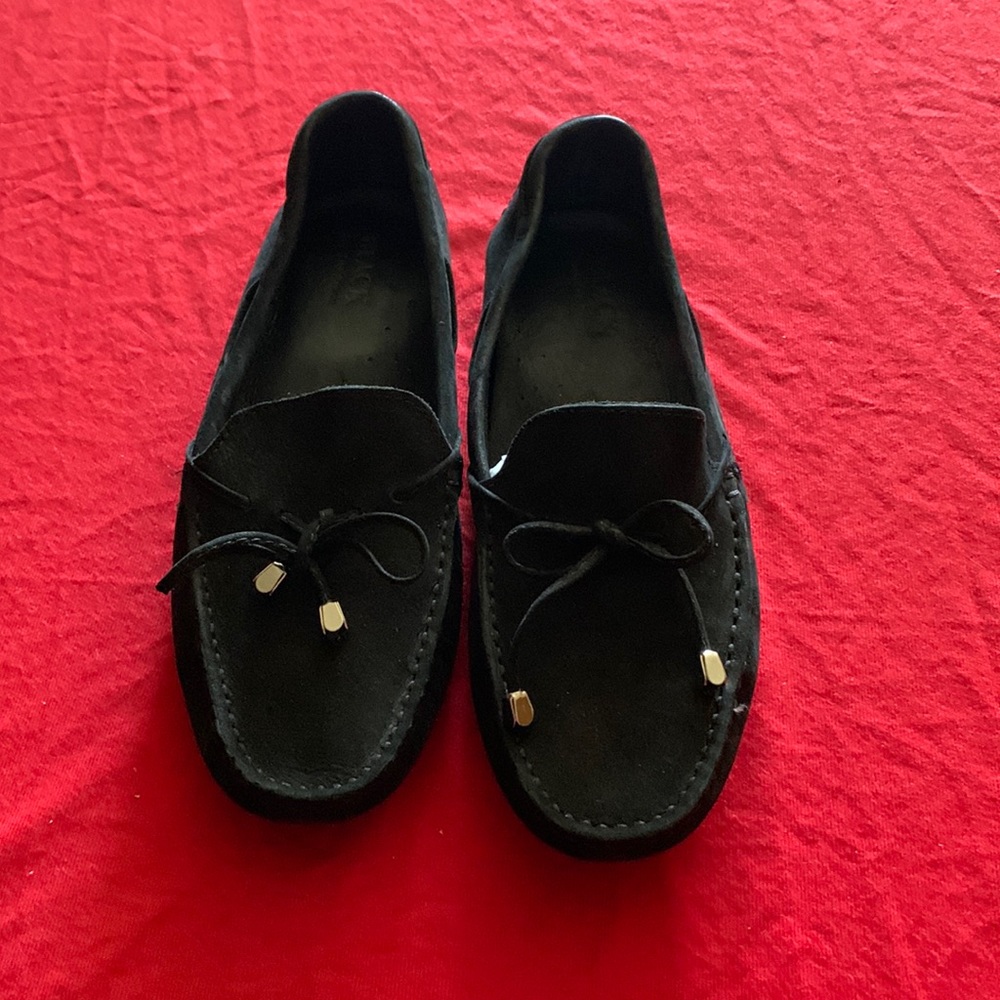 Black SaksFifth Avenue black suede loafers w/string tie on top sz 10M never worn